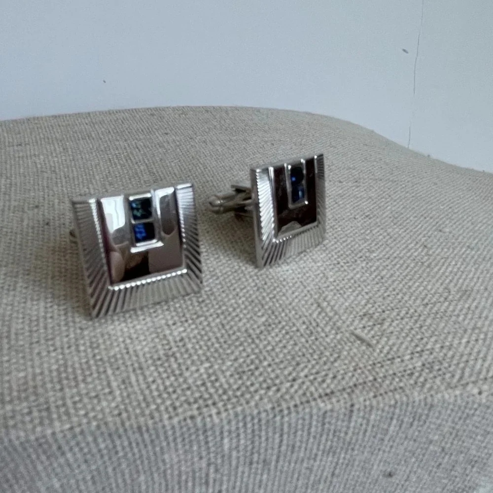 Vintage Shields Signed Silver Tone Blue Rhinestone Cuff Links
